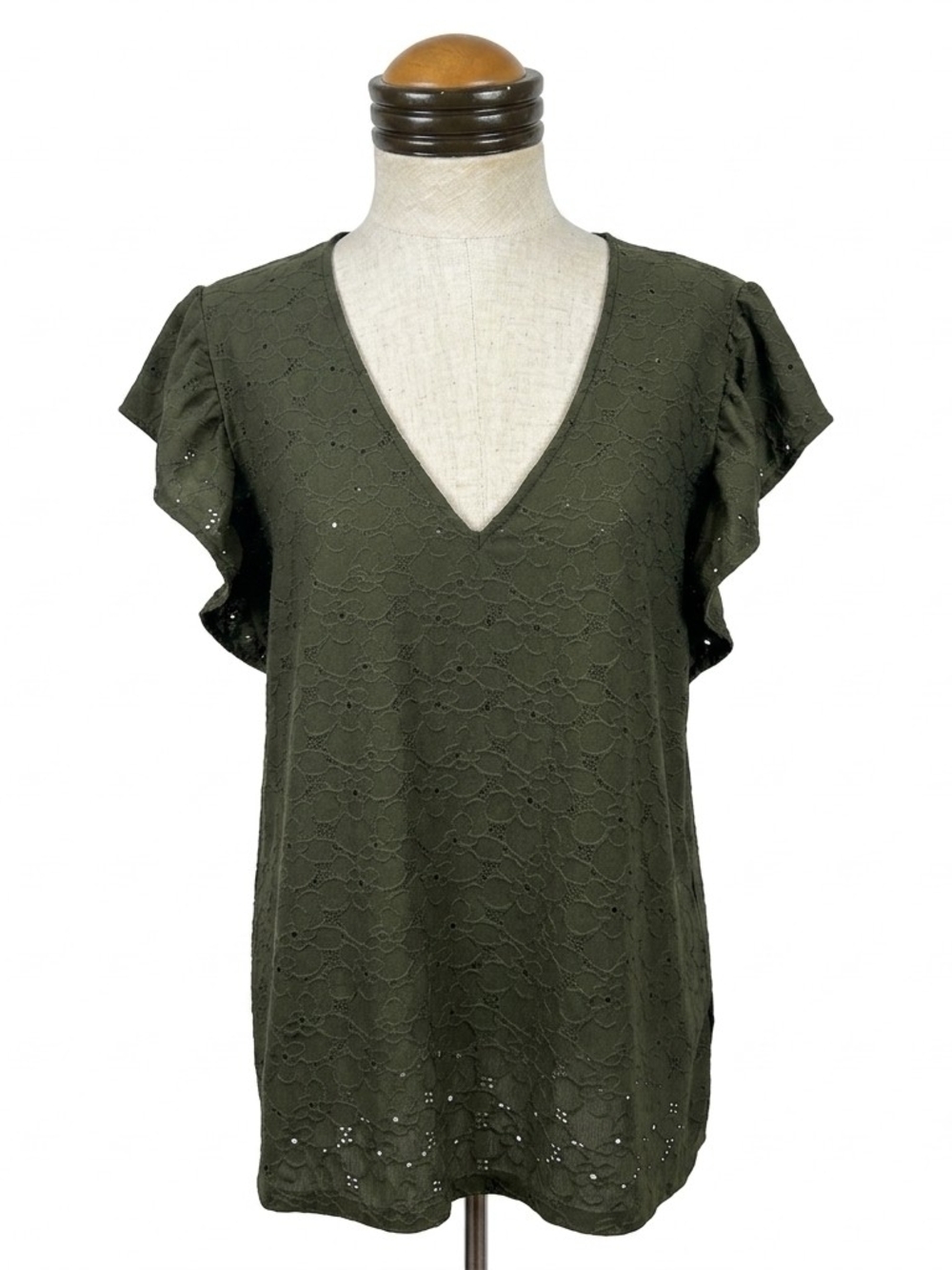MICHAEL Michael Kors Olive Eyelet V-Neck Flutter Sleeve Top